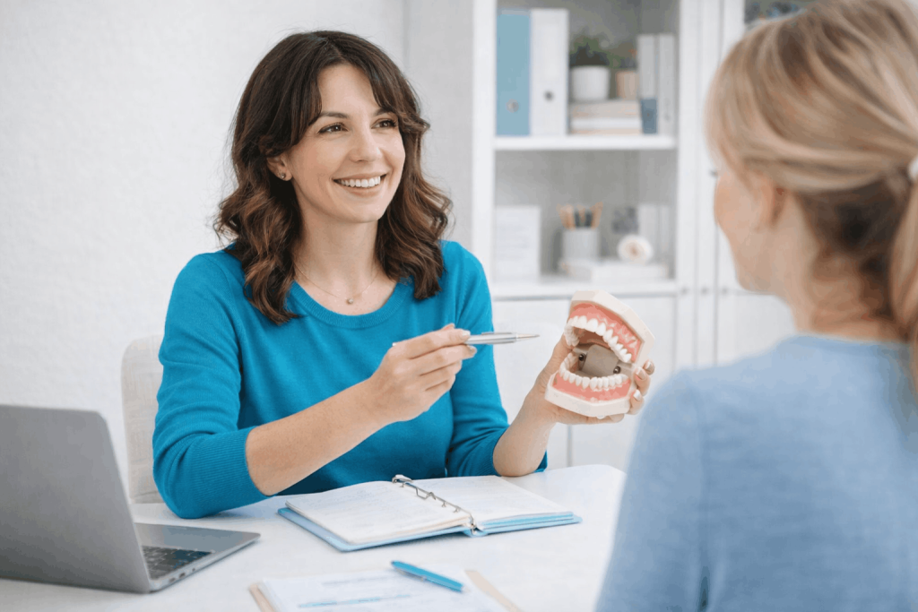 Myofunctional therapist building confidence by working with clients and implementing training