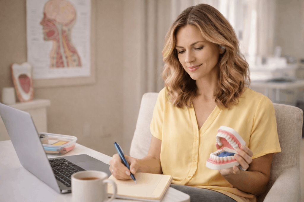 Myofunctional therapist reviewing notes and using a dental model while preparing for a client therapy session