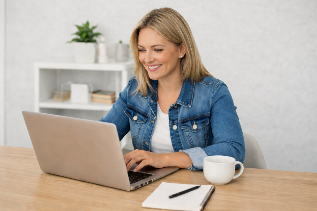 female myofunctional therapist working on laptop building a myofunctional therapy business