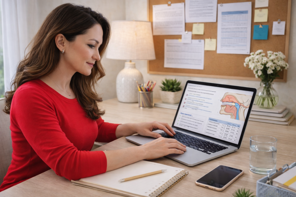 myofunctional therapy business systems workspace with therapist organizing client and business files