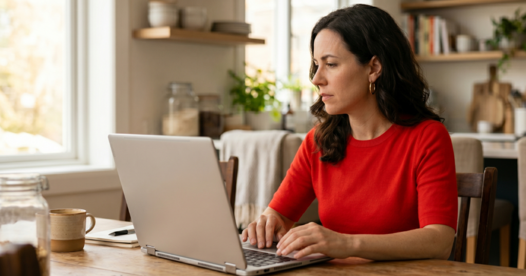 Dental hygienist in a red shirt comparing myofunctional therapy courses on her laptop