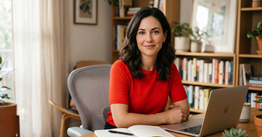 Woman in a bright red shirt sitting confidently at a desk — representing the mindset shift that myofunctional therapy coaching can unlock