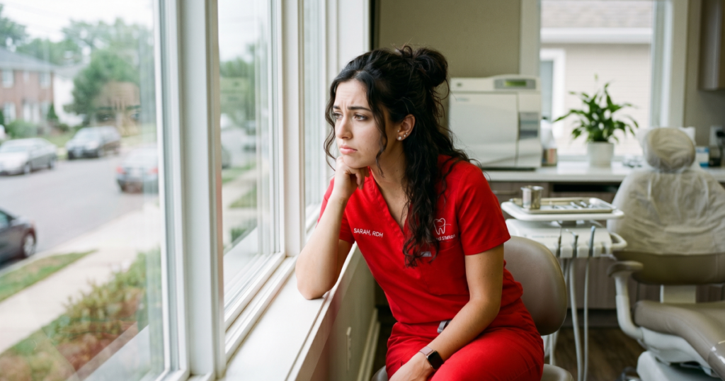 burned out dental hygienist in red scrubs looking out the window at a dental office