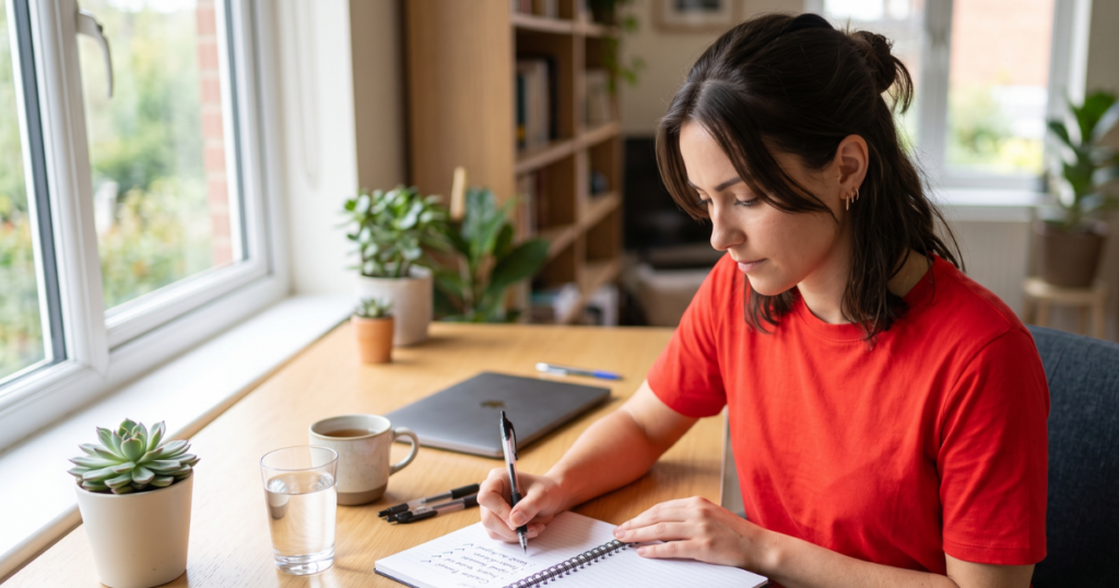 Woman in a bright red shirt working through a myofunctional therapy business diagnostic checklist at her desk