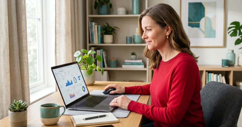 Trained myofunctional therapist in a red shirt reviewing her website analytics to improve marketing
