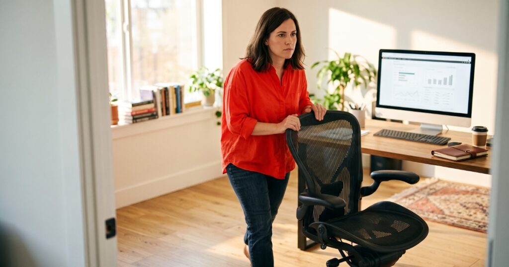 Dark-haired woman in a red shirt standing up from her desk with a determined expression, stepping away from comfort toward action