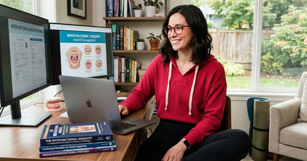 dental hygienist to myofunctional therapist — woman in red hoodie at home office desk with myofunctional therapy materials on screen