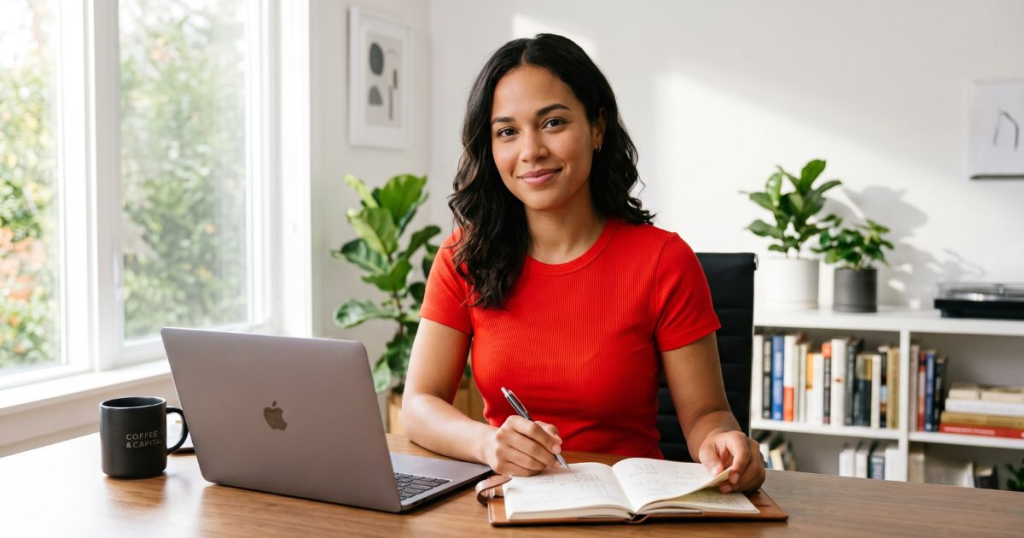 Myofunctional therapist in a bright red shirt working at her desk, representing income and business structure for a myofunctional therapy practice
