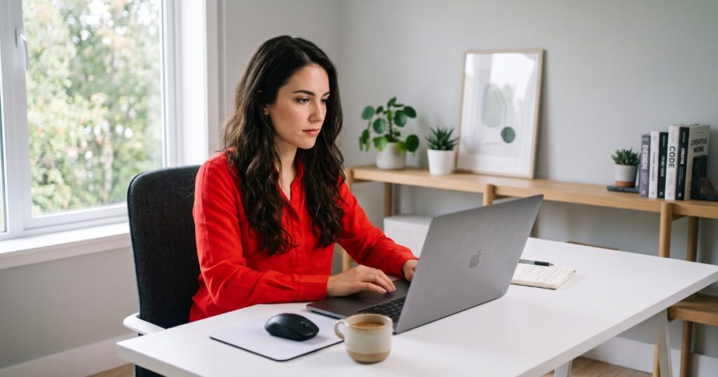 myofunctional therapist in a bright red shirt reviewing her website visibility at her desk
