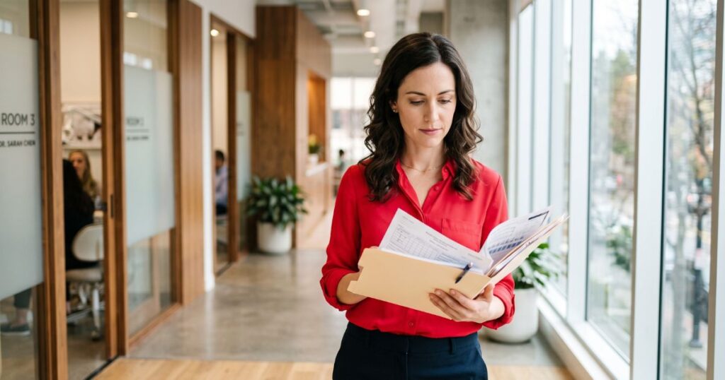 Myofunctional therapist in a red shirt reviewing paperwork inside a dental practice