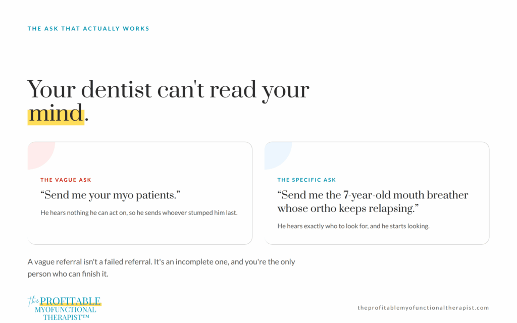 Side by side comparison of a vague referral ask, send me your myo patients, against a specific one describing a seven year old mouth breather whose ortho keeps relapsing