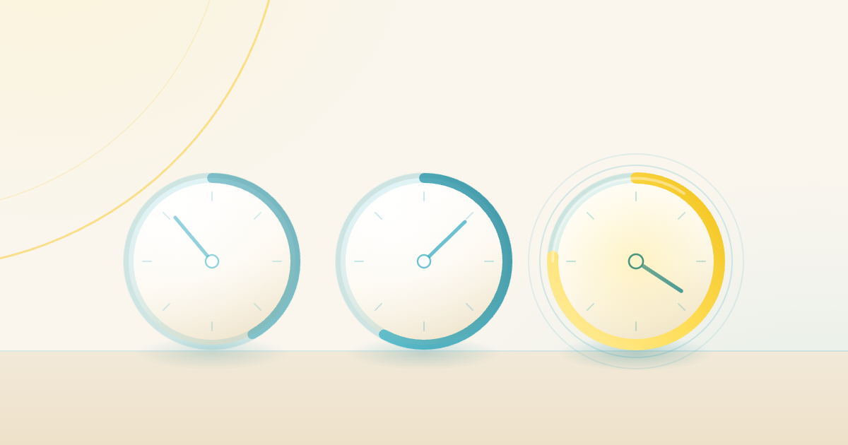 Three clock faces on a cream background with the third highlighted in yellow, illustrating myofunctional therapy practice management systems built early over time