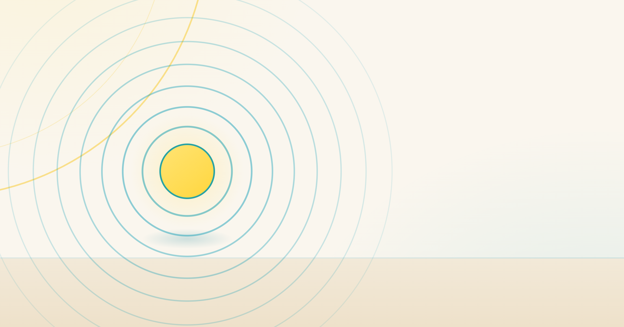 Eight years after leaving dental hygiene, a yellow sun with teal rings rippling outward on a warm cream background
