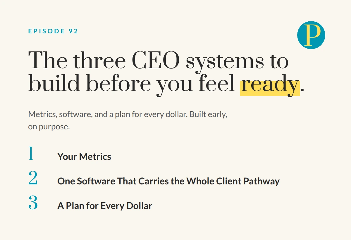 The three CEO systems of myofunctional therapy practice management listed in order, your metrics, one software that carries the whole client pathway, and a plan for every dollar
