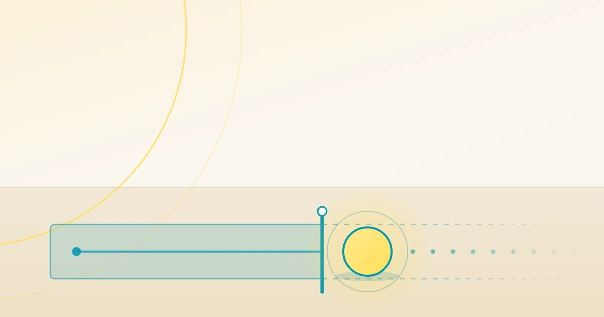 Illustration of a teal training progress bar ending at a finish line, with a glowing yellow sun and a faint dotted path stretching beyond it on a warm cream horizon